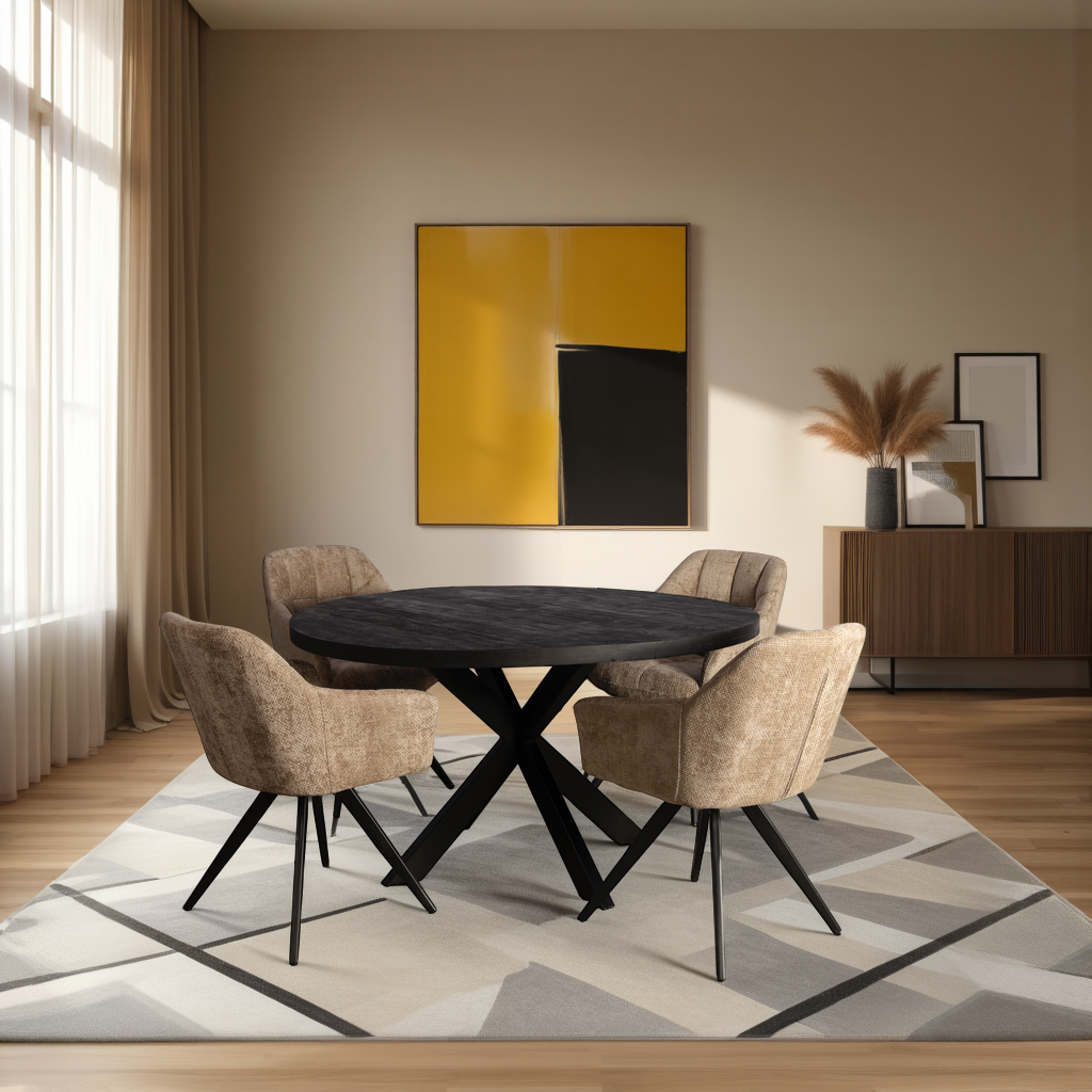 Combi Deal Zwarte Ronde Eettafel + 4 Taupe Draaistoelen