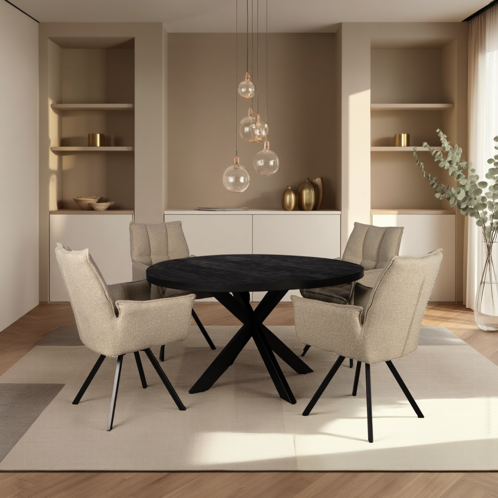 Combi Deal Zwarte Ronde Eettafel + 4 Naturel St tropez Draaistoelen