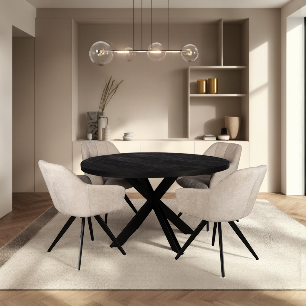 Combi Deal Zwarte Ronde Eettafel + 4 Créme Draaistoelen