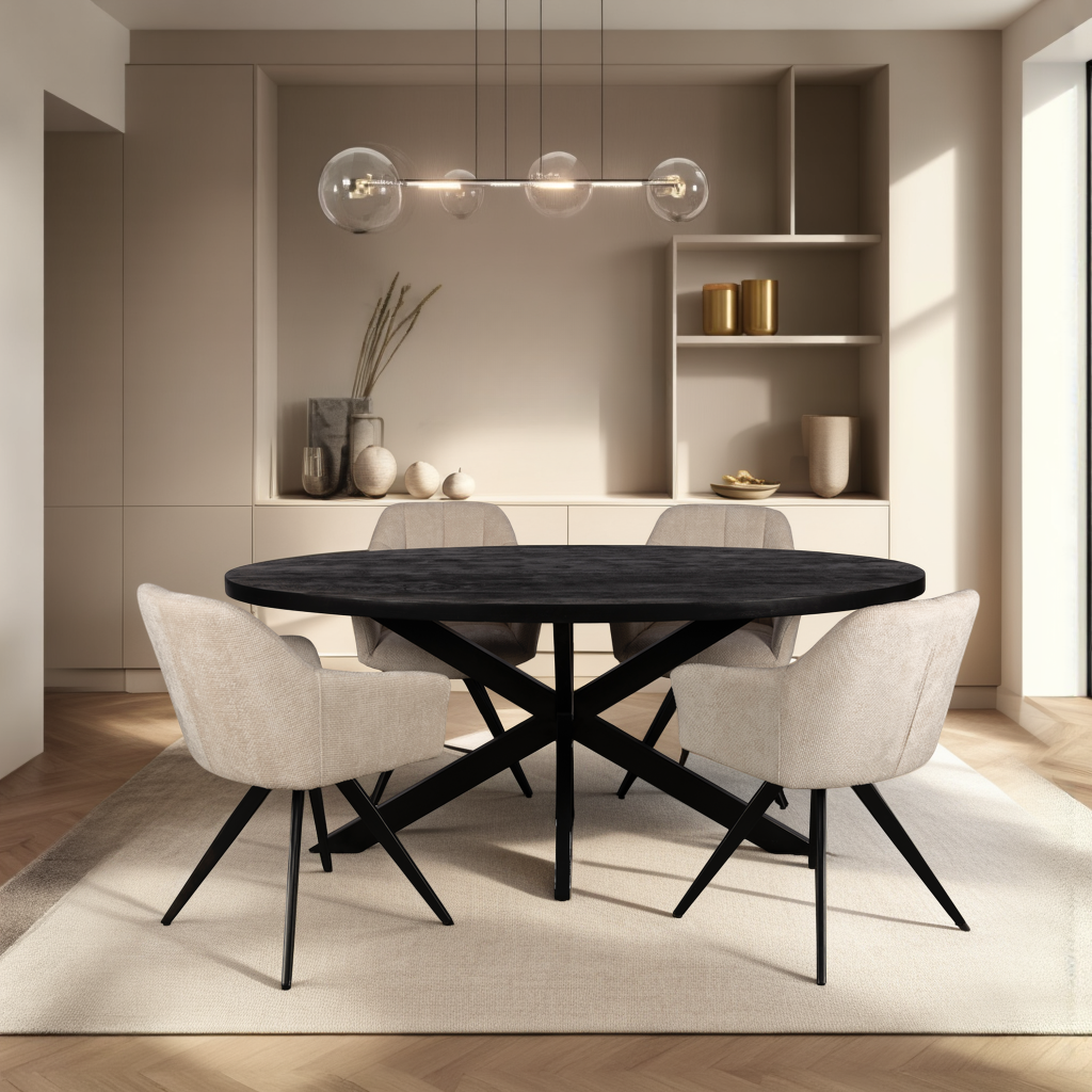 Combi Deal Zwarte Ovale Eettafel + 4 Créme Draaistoelen
