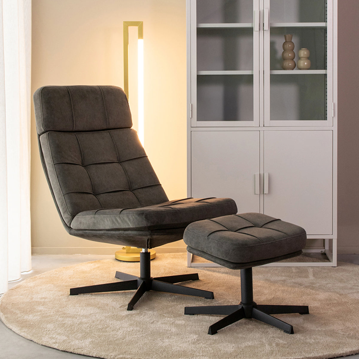 Relaxfauteuil Alvar + Ottomane - Antraciet - Micro Suede