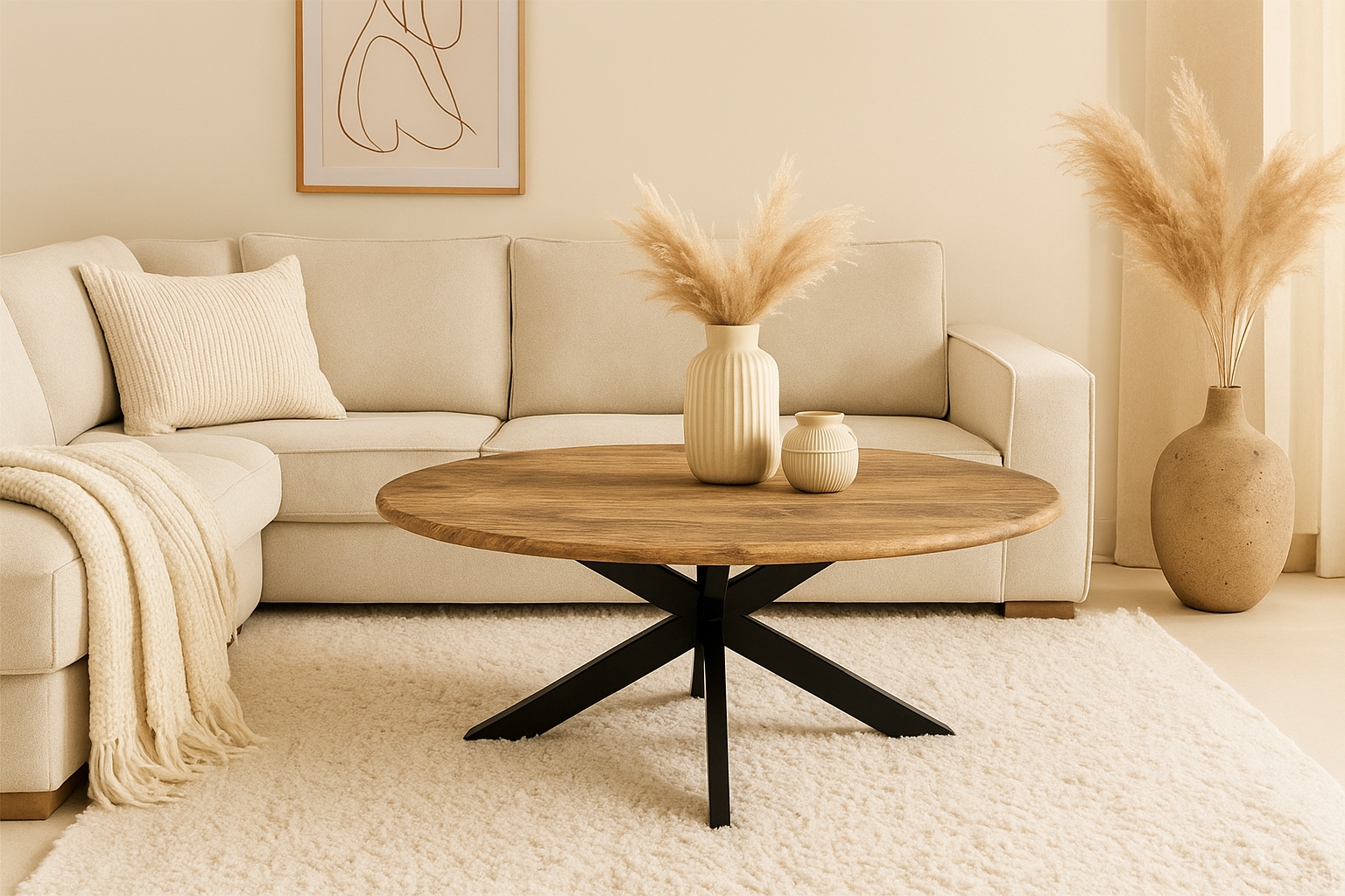 Salontafel 120cm ovaal massief hout met ronde rand