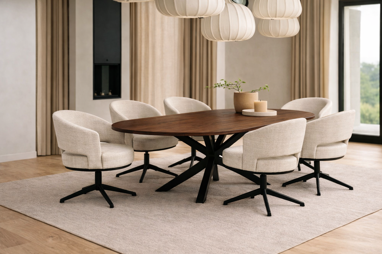 Combi Deal Deens Ovale Eettafel Walnoot Mangohout + 4 Brace Créme Draaistoelen