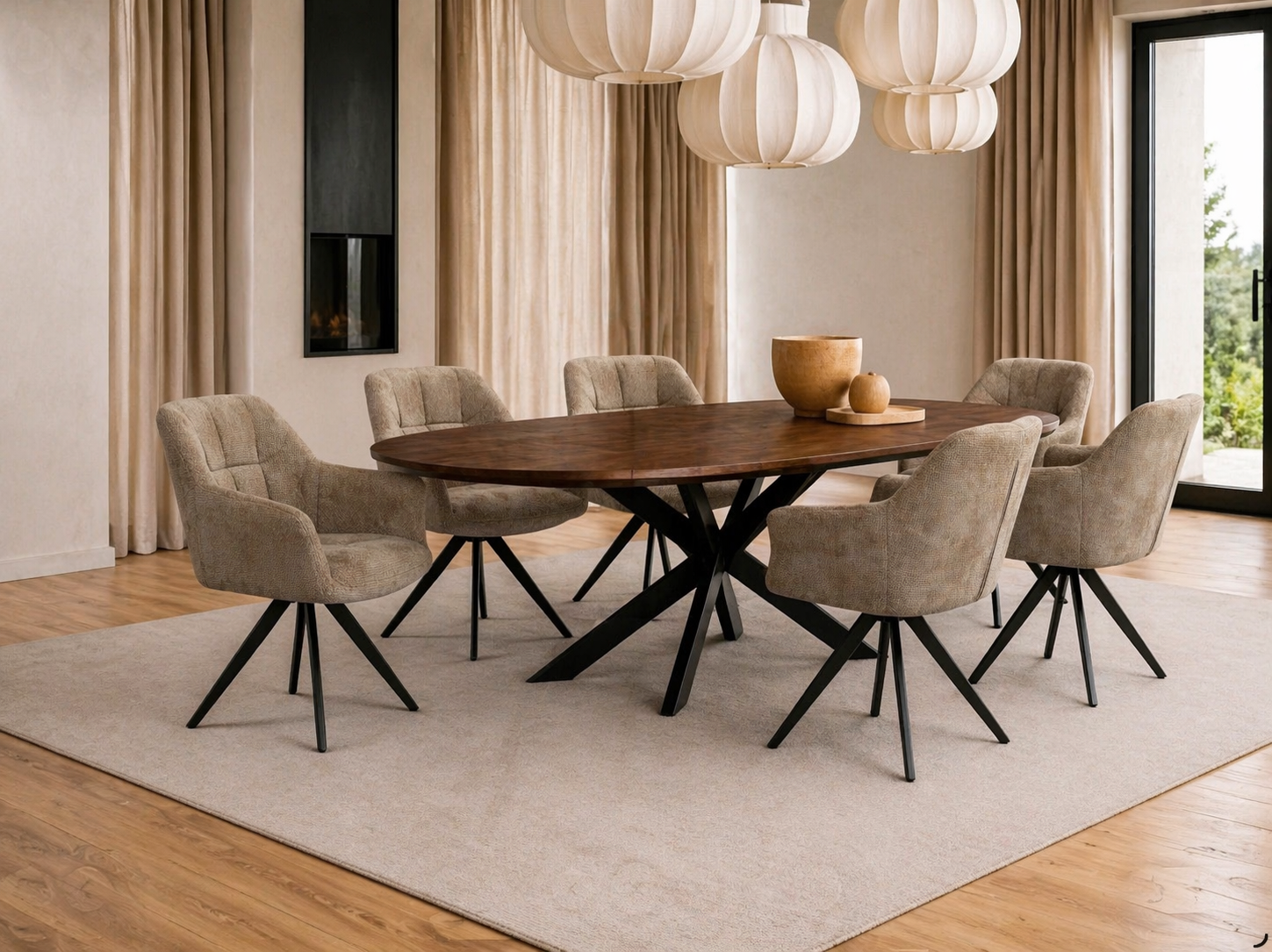 Combi Deal Deens Ovale Eettafel Walnoot Mangohout + 6 Beauty Taupe Draaistoelen