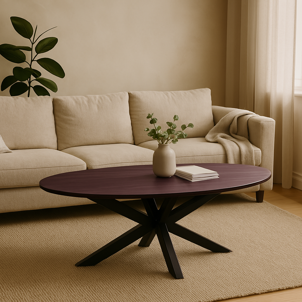 Bruine ovale - salontafel - 130 cm lang 70 cm breed - met spin poot - Mangohout