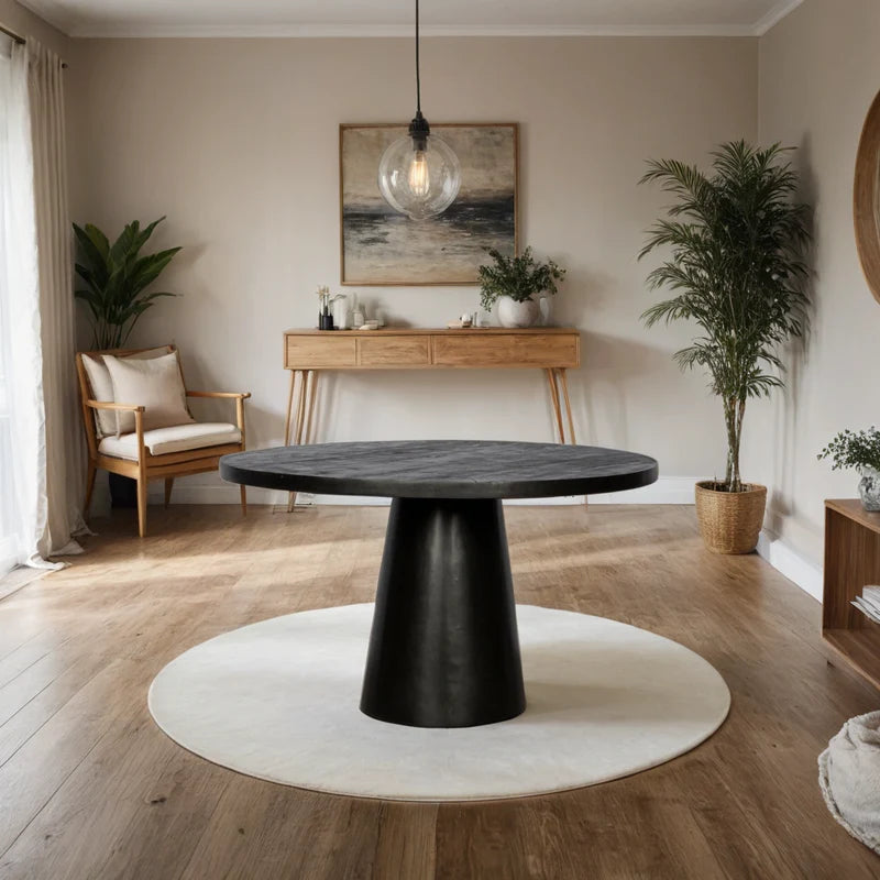 Ronde eettafel - Elkarti - 115cm - Volledig Zwart- Mangohout - Kegelonderstel