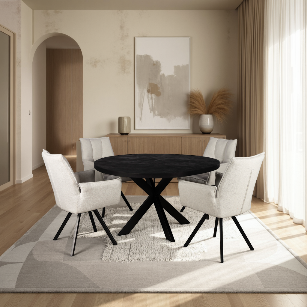 Combi Deal Zwarte Ronde Eettafel + 4 Ivoor st tropez Draaistoelen