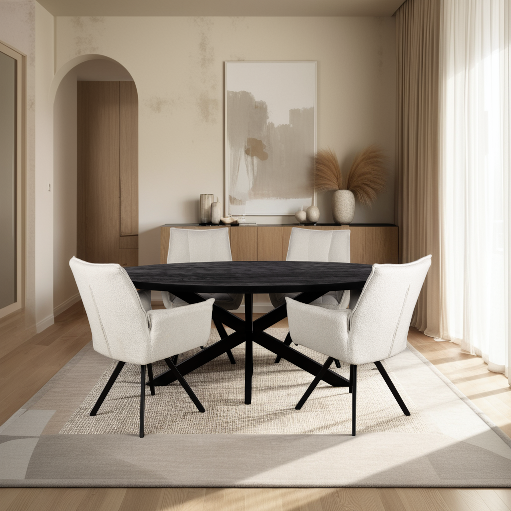 Combi Deal Zwarte Ovale Eettafel + 4 Ivoor St Tropez Draaistoelen