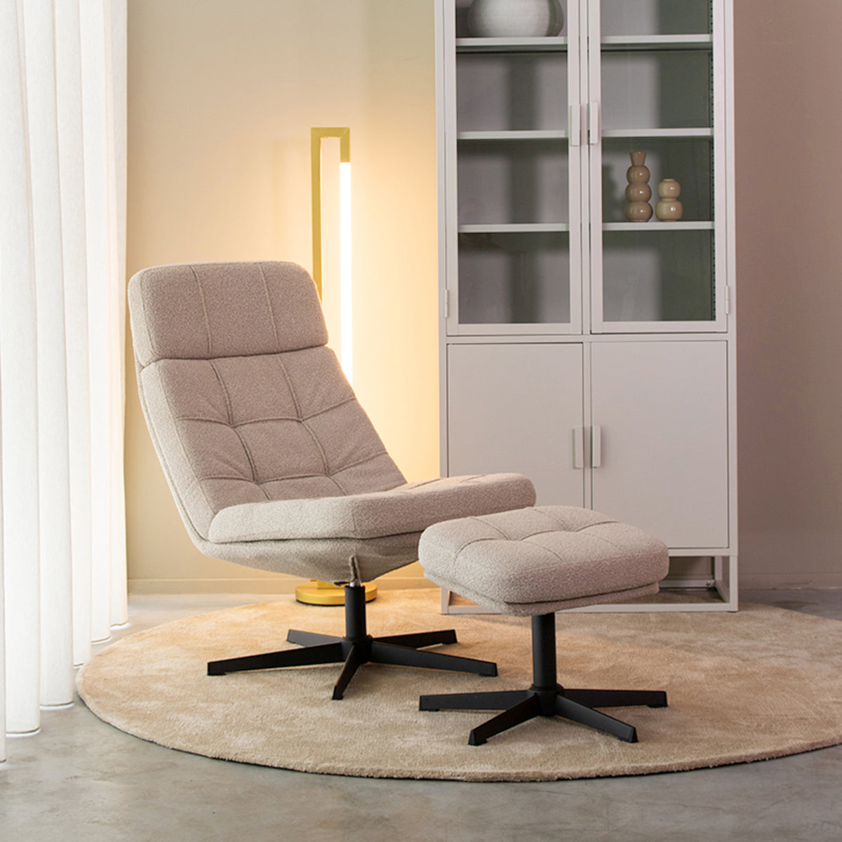 Draaifauteuil Alvar + Ottomane - Naturel - Bouclé