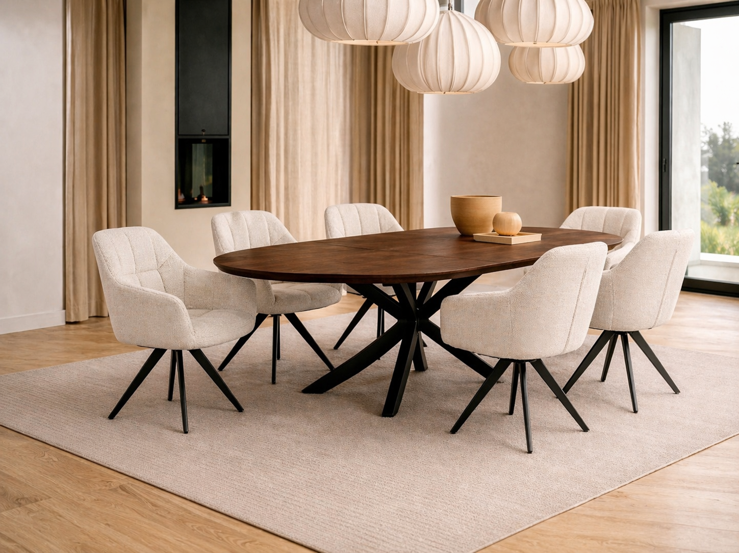 Combi Deal Deens Ovale Eettafel Walnoot Mangohout + 6 Beauty Créme Draaistoelen