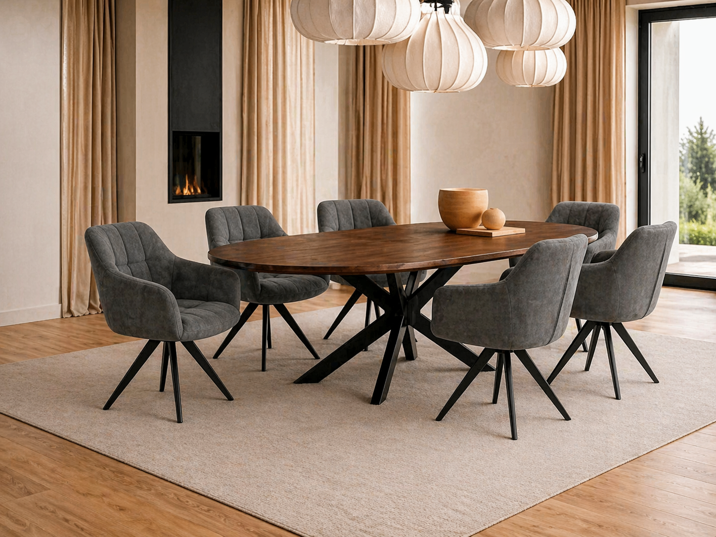 Combi Deal Deens Ovale Eettafel Walnoot Mangohout + 6 Beauty Antraciet Draaistoelen