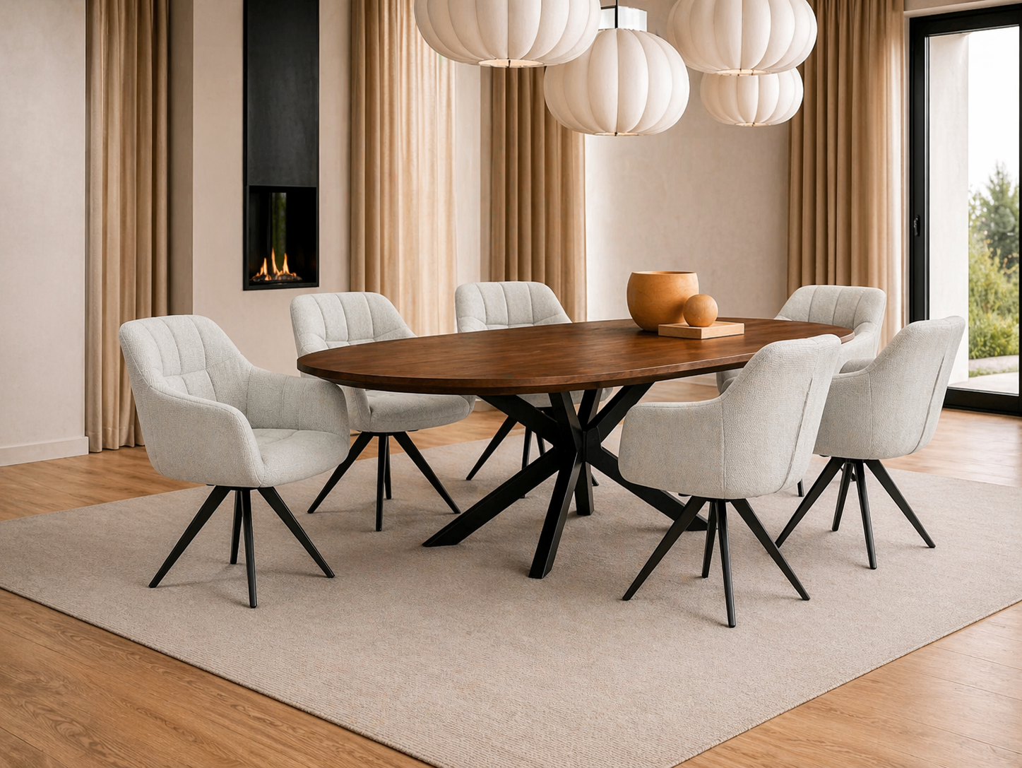 Combi Deal Deens Ovale Eettafel Walnoot Mangohout + 6 Beauty Lichtgrijs Draaistoelen