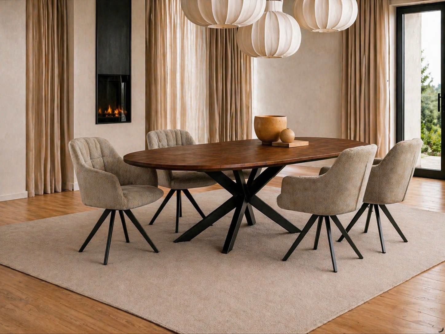 Combi Deal Deens Ovale Eettafel Walnoot Mangohout + 4 Beauty Taupe Draaistoelen