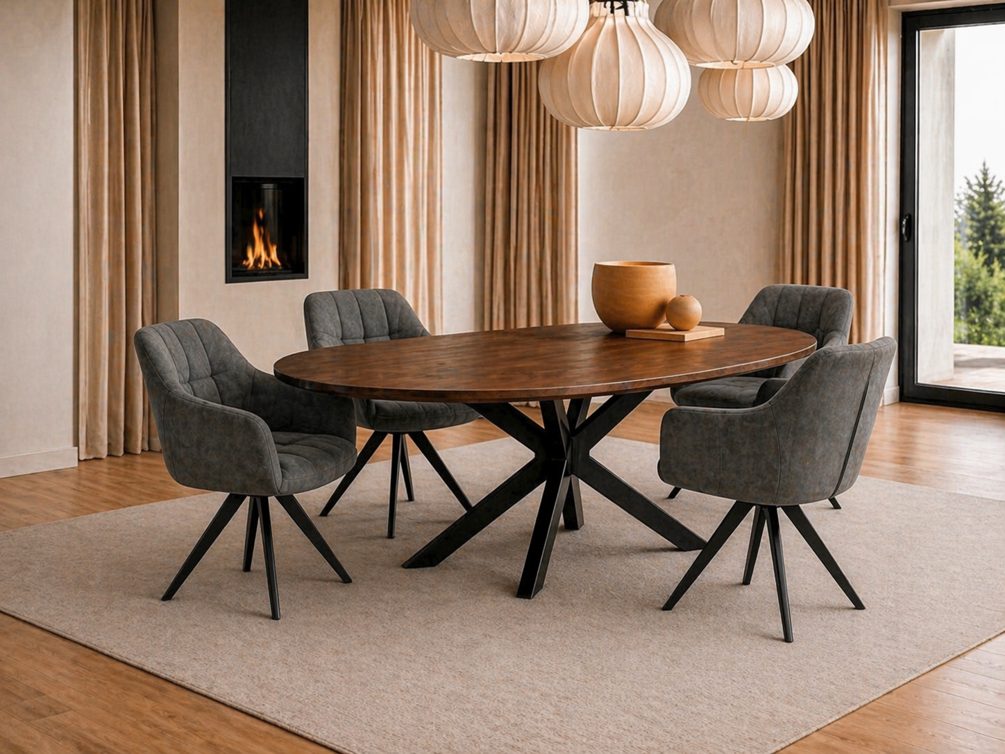Combi Deal Deens Ovale Eettafel Walnoot Mangohout + 4 Beauty Antraciet Draaistoelen