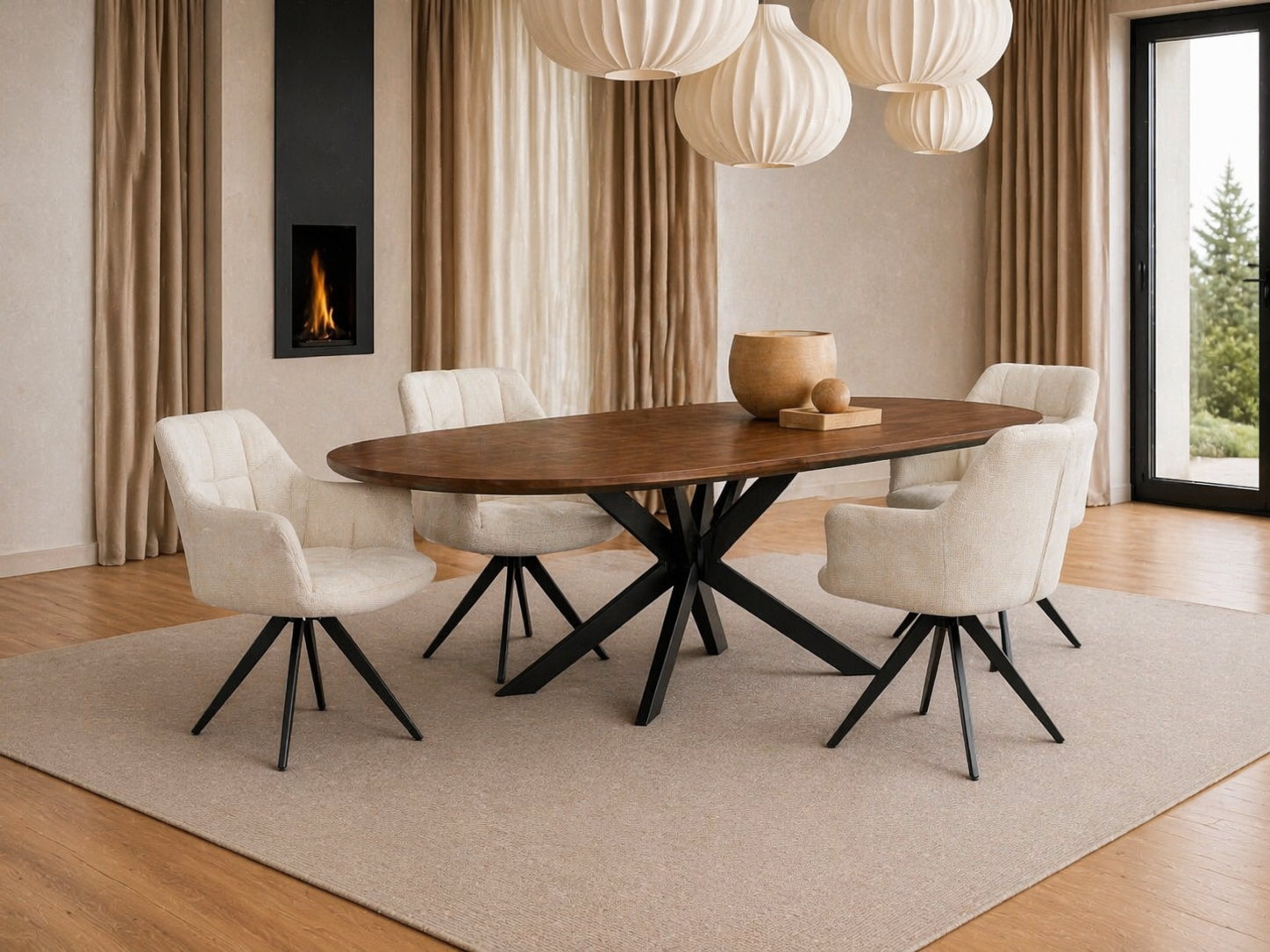Combi Deal Deens Ovale Eettafel Walnoot Mangohout + 4 Beauty Lichtgrijs Draaistoelen