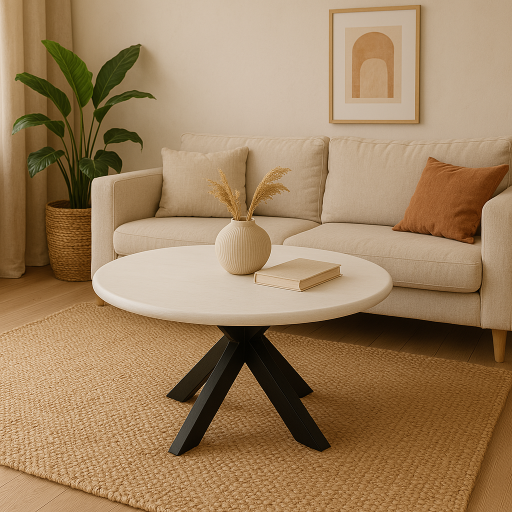 Table Basse Ronde - 80 cm - Blanc - Pied Croisé en Métal Noir