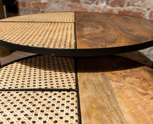 Salontafel set van 2 hout rotan rond detail
